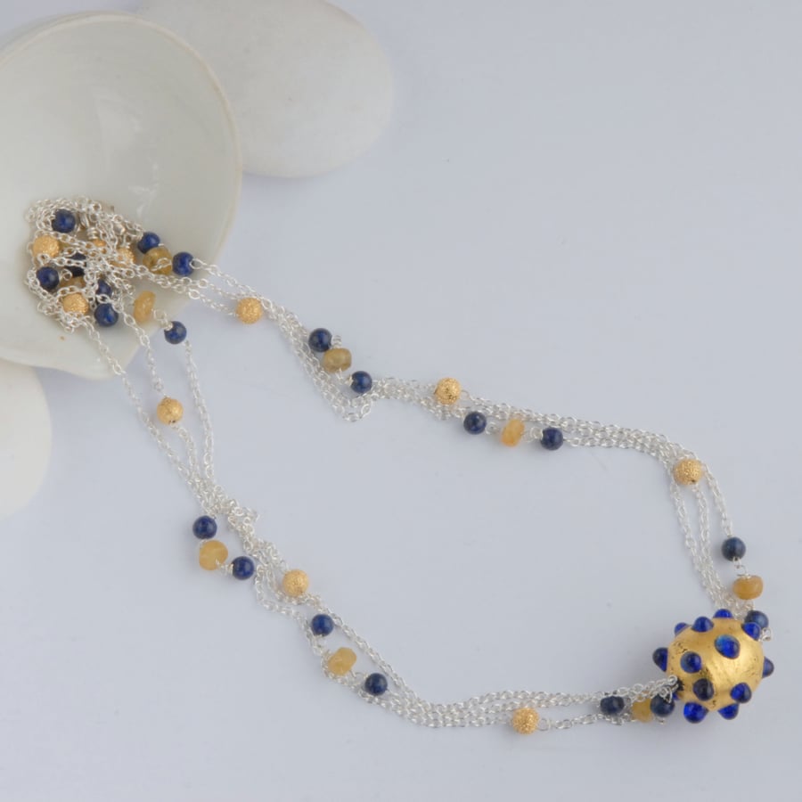 Blue Gold Murano glass, yellow sapphire and lapis multi strand silver necklace