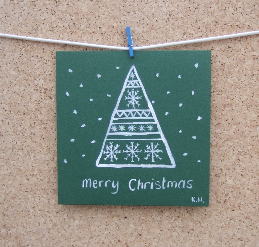 Christmas Card, Snowflake, Christmas Tree, Hand Painted, Fair Isle