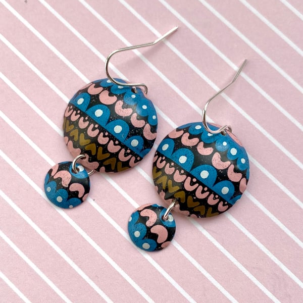 Recycled tin pink & blue patterned domed circle earrings