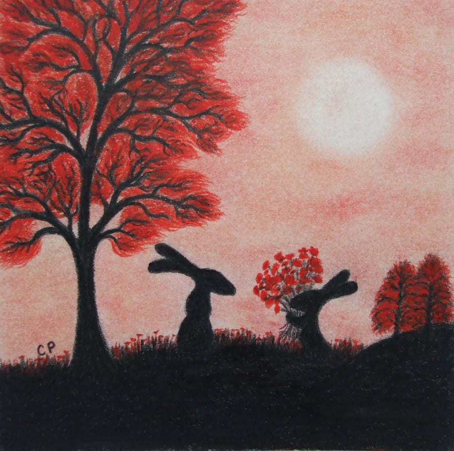 Hare Mothers Day Card, Bunny Rabbit Card, Red Tree Card, Flowers Art Card