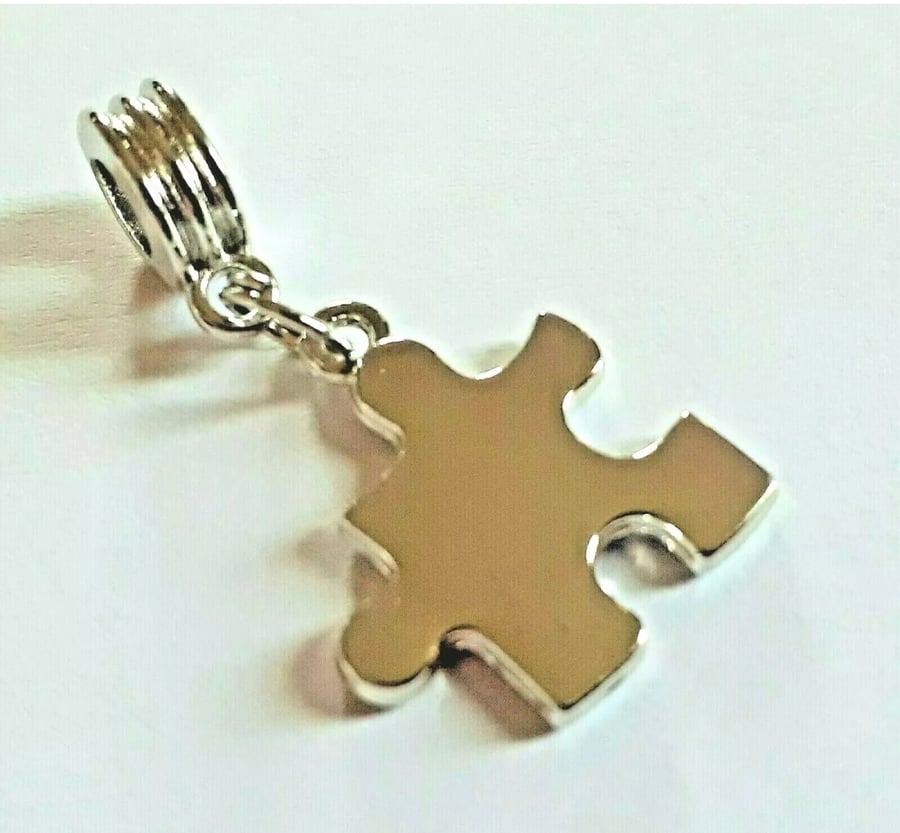 Autism Awareness High Shine Puzzle Piece Charm on Silver Coloured  Charm Dangle