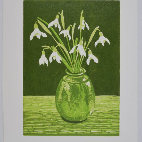 Linocut print 'February Joy' Snowdrops Original limited edition reduction print