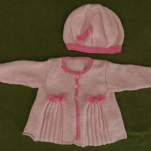 Pretty & Stylish Vintage Pink Jacket Cardigan & Hat. Pleats & Bows. 9-18 months.