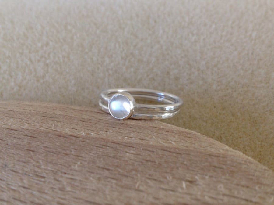 Blue Moonstone Sterling and Fine silver twin band ring set