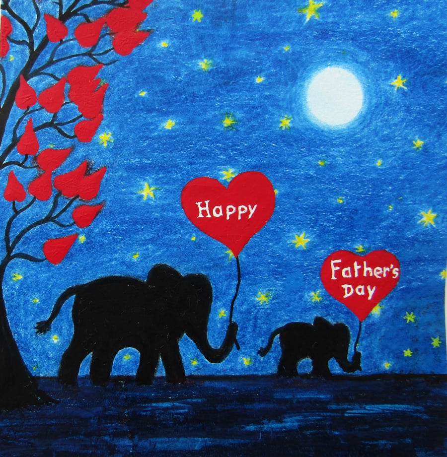 Happy Fathers Day Card, Elephant Heart Daughter, Son Card, Baby Animal Moon Star