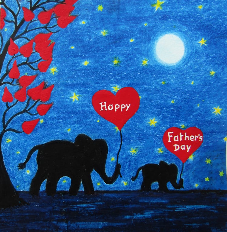 Happy Fathers Day Card, Elephant Heart Daughter, Son Card, Baby Animal Moon Star