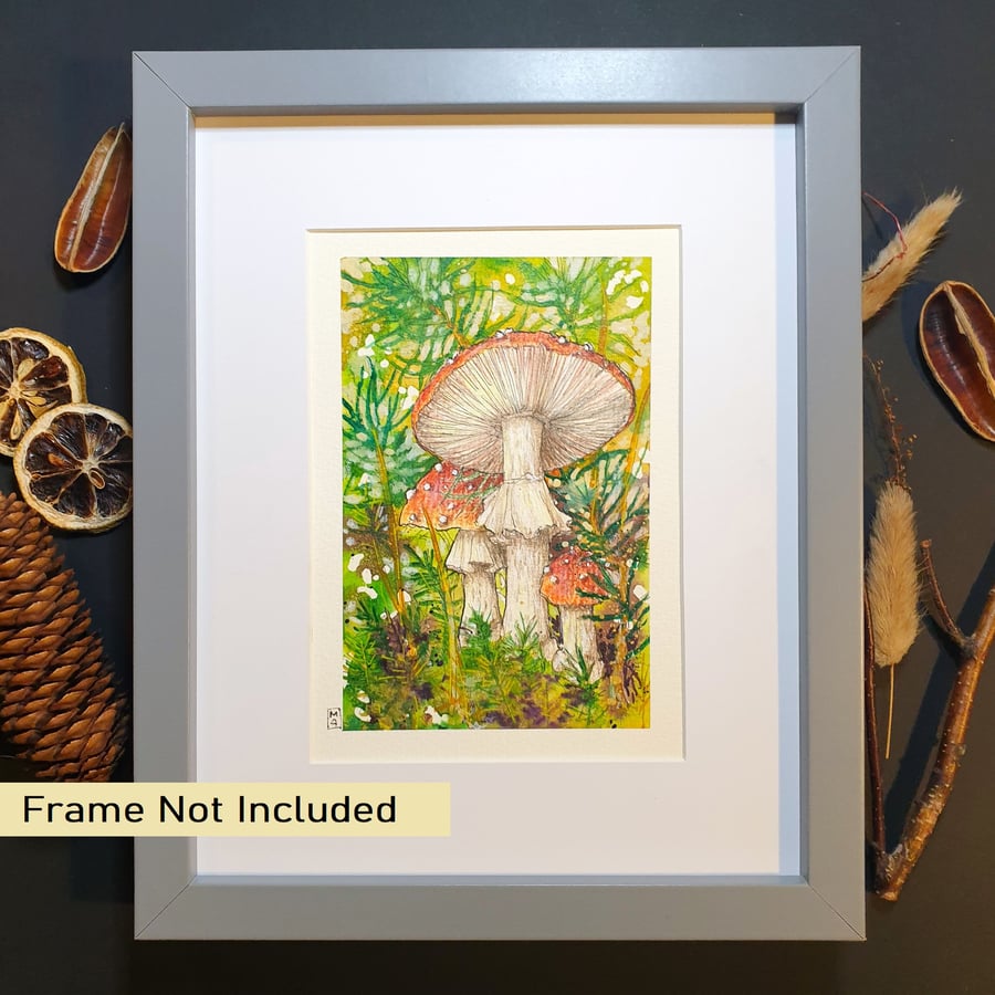 Fly Agaric mushrooms, small watercolour and mixed media painting, artwork