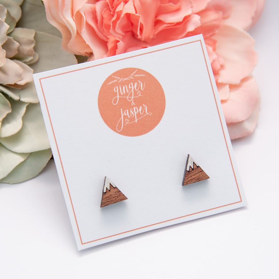 Hand Painted Wooden Mountain Earrings, Mountain Studs, Wood Earrings, Mountains