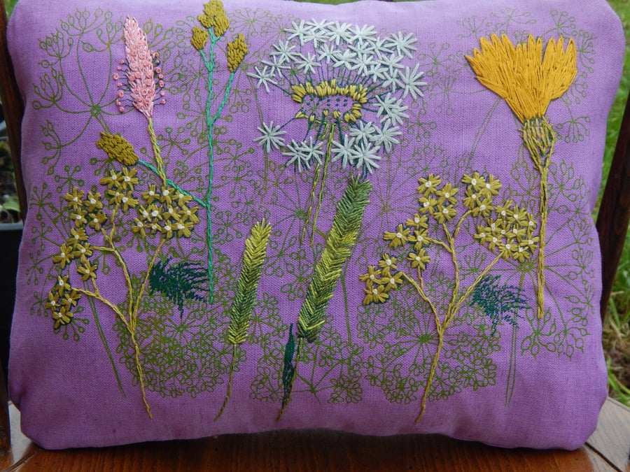 RESERVED Lilac - Screen printed wild flower cushion 