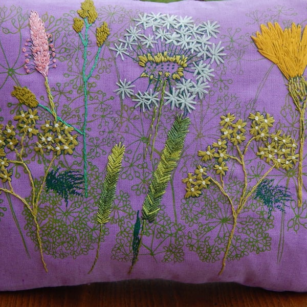 RESERVED Lilac - Screen printed wild flower cushion 