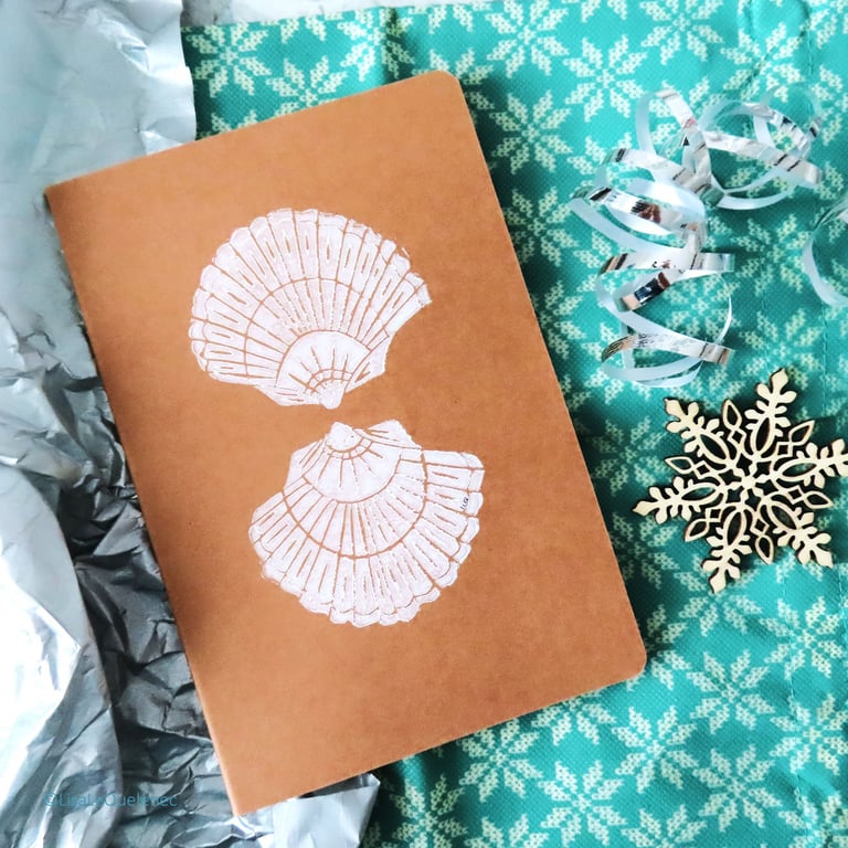 Scallop seashell hand printed lino A5 notebook - white ink on brown kraft cover
