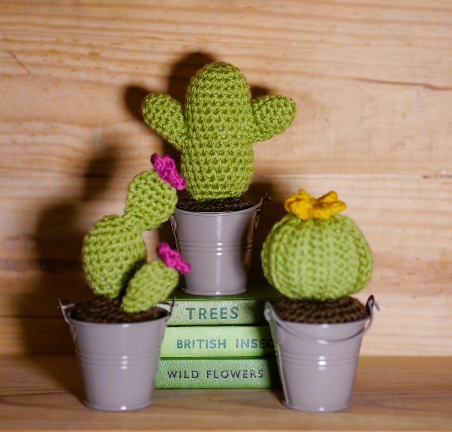 Crochet cacti set of three in metal buckets, mustard and dark pink flowers