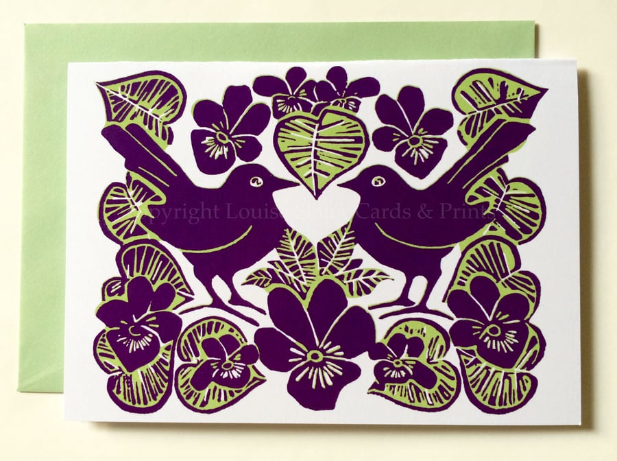 Purple Violets & Birds Card
