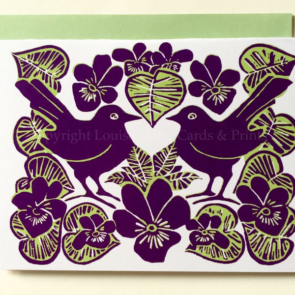Purple Violets & Birds Card