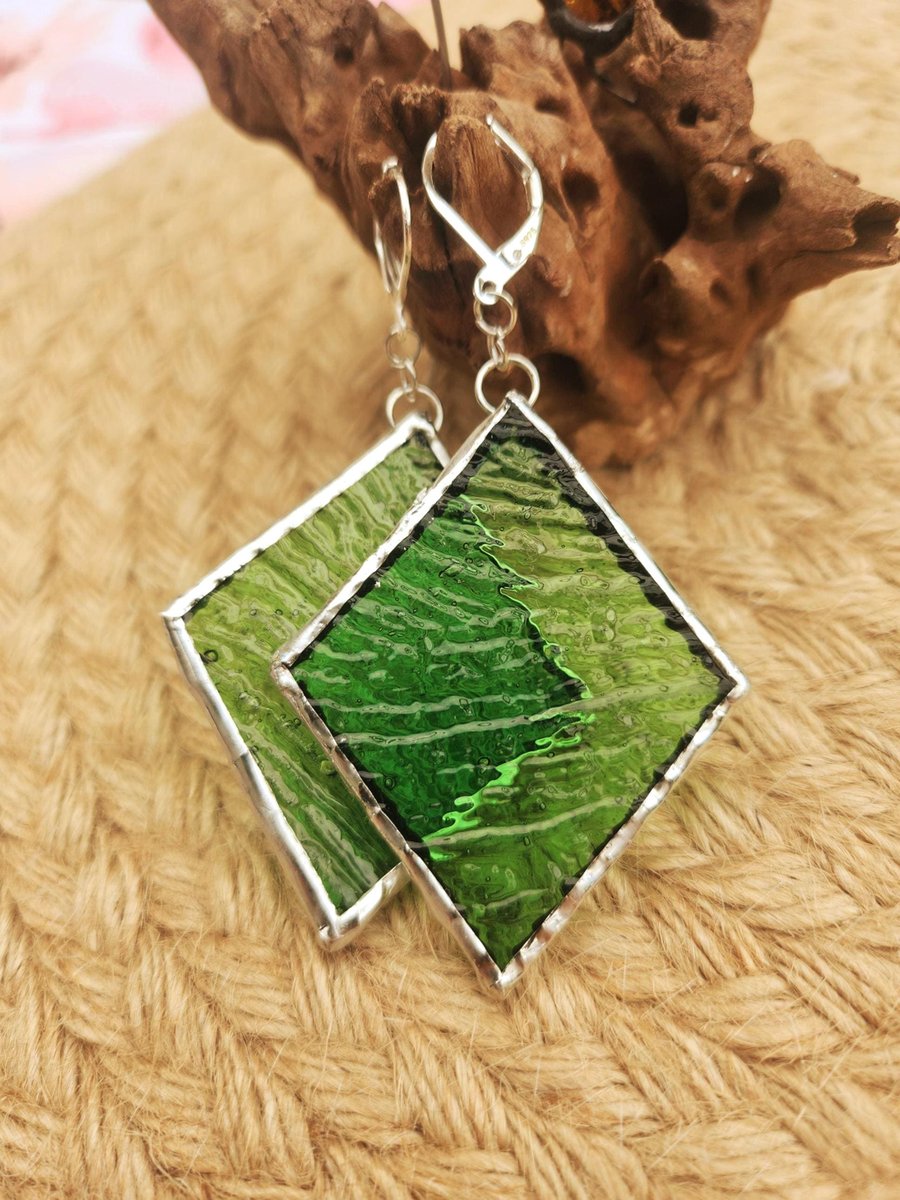 Handmade Stained Glass Dangle Earrings: Green Textured Geometric Jewelry