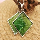 Handmade Stained Glass Dangle Earrings: Green Textured Geometric Jewelry