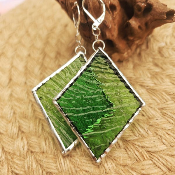 Handmade Stained Glass Dangle Earrings: Green Textured Geometric Jewelry