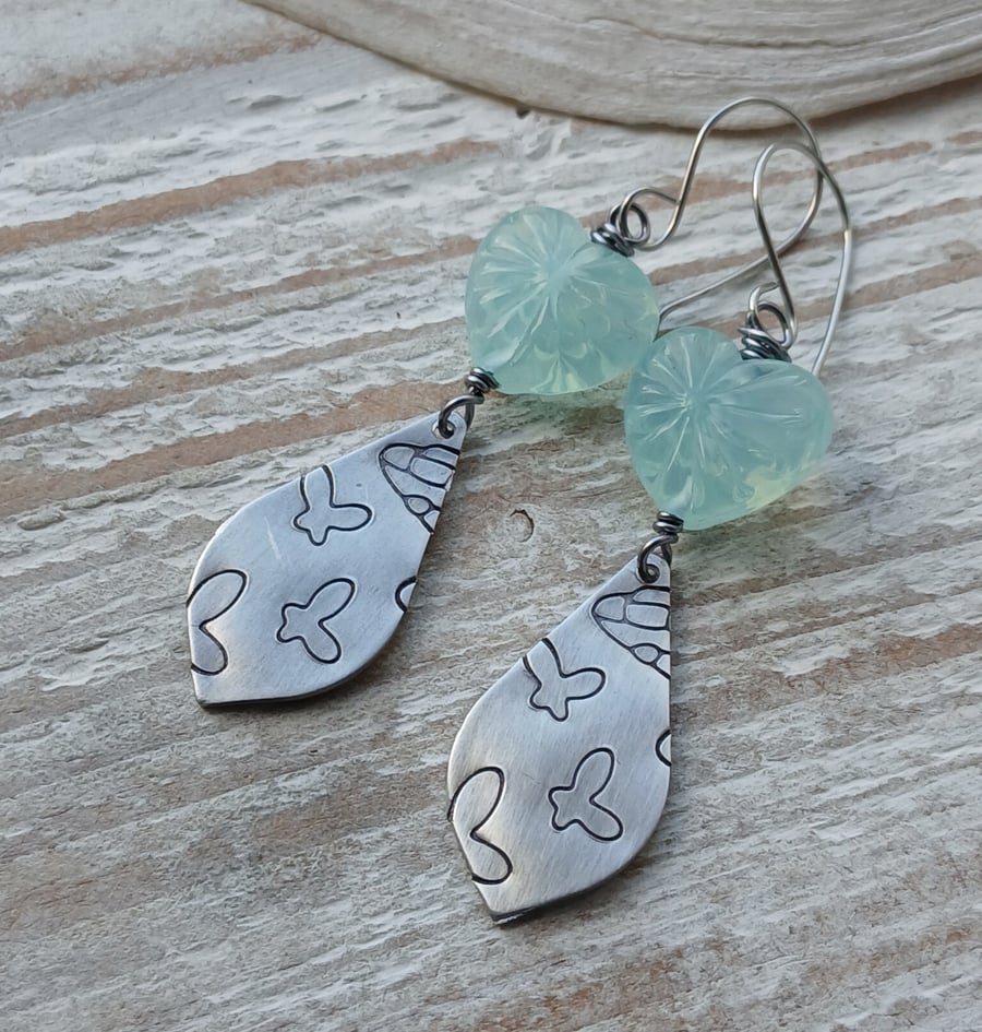 Handmade Earrings with Lampwork Glass Hearts & Aluminium Leaves