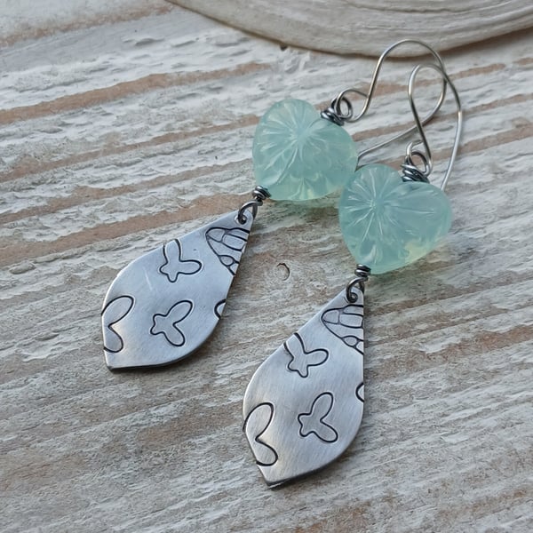 Handmade Earrings with Lampwork Glass Hearts & Aluminium Leaves