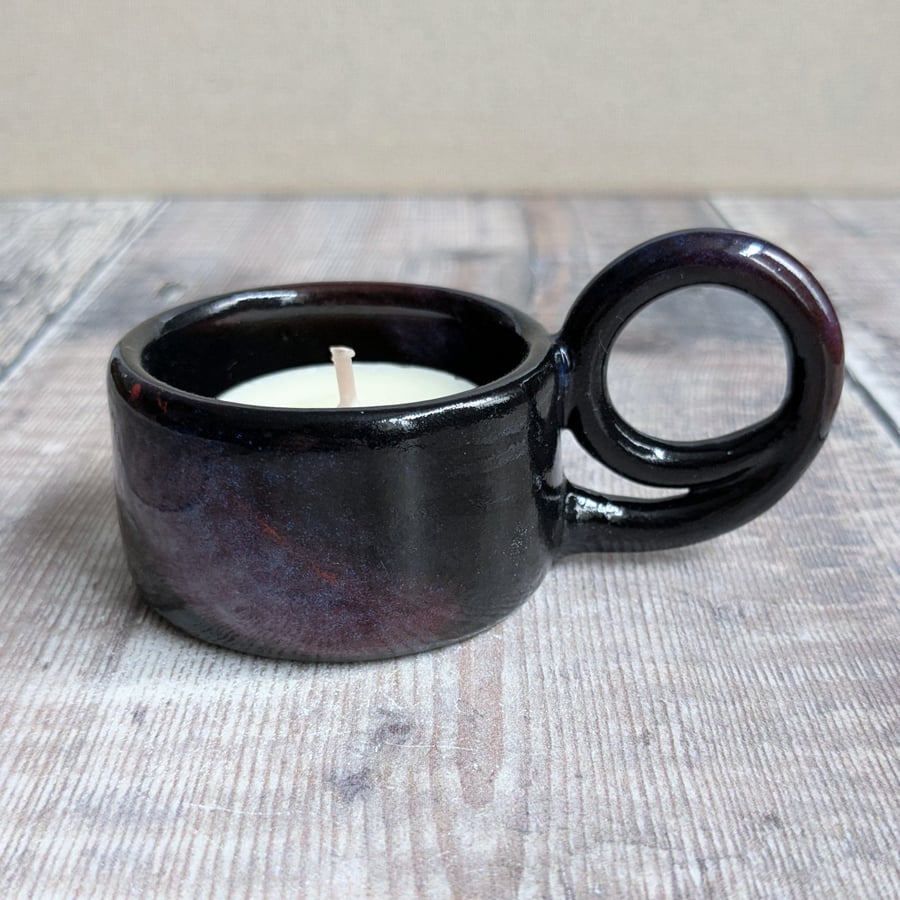 Perfectly imperfect black and purple ceramic tealight holder with handle