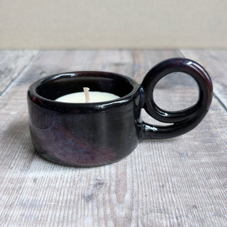 Perfectly imperfect black and purple ceramic tealight holder with handle