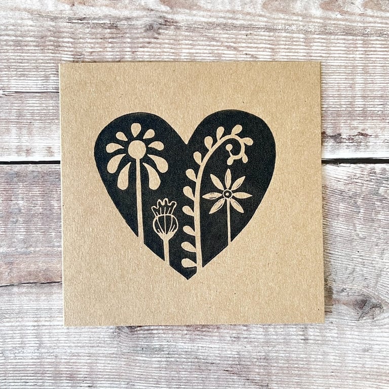 Floral Heart Lino Print on an Eco Friendly Greetings Card