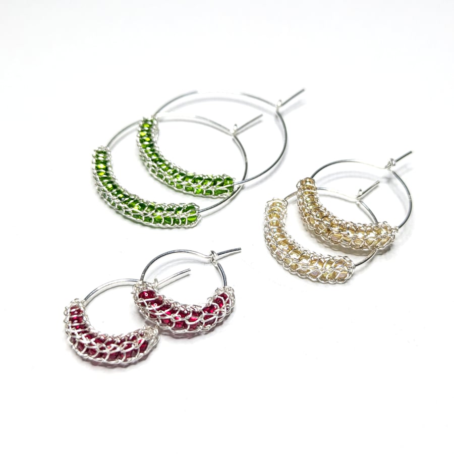 Set of Three Silver Woven and Beaded Hoop Earrings 