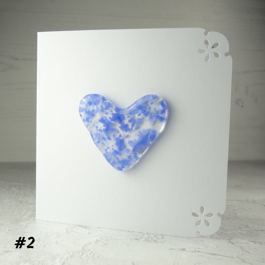 Handcrafted blue speckled heart fused glass blank card (2)
