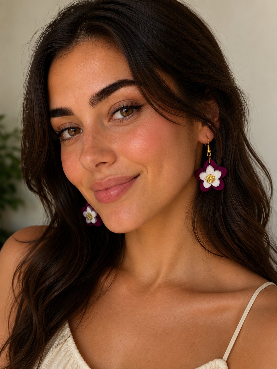 Handmade Layered Flower Dangle Earrings - Purple, White & Gold