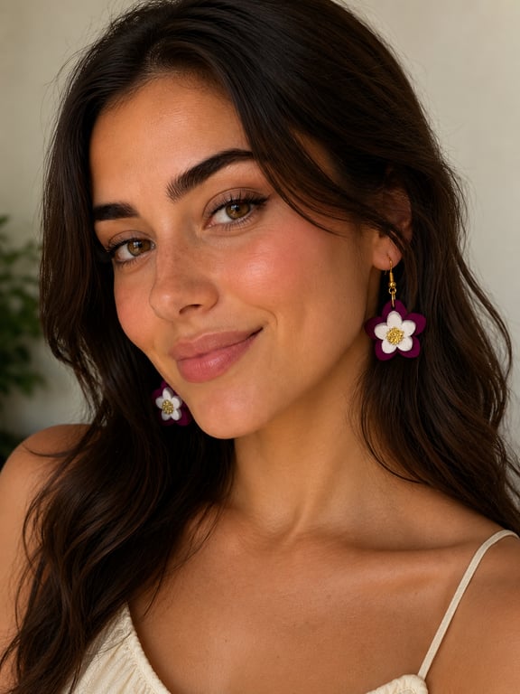Handmade Layered Flower Dangle Earrings - Purple, White & Gold