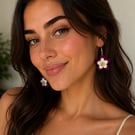 Handmade Layered Flower Dangle Earrings - Purple, White & Gold