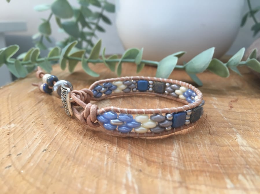 Boho beaded adjustable leather wrap bracelet, boho girl, yoga lover, free spirit