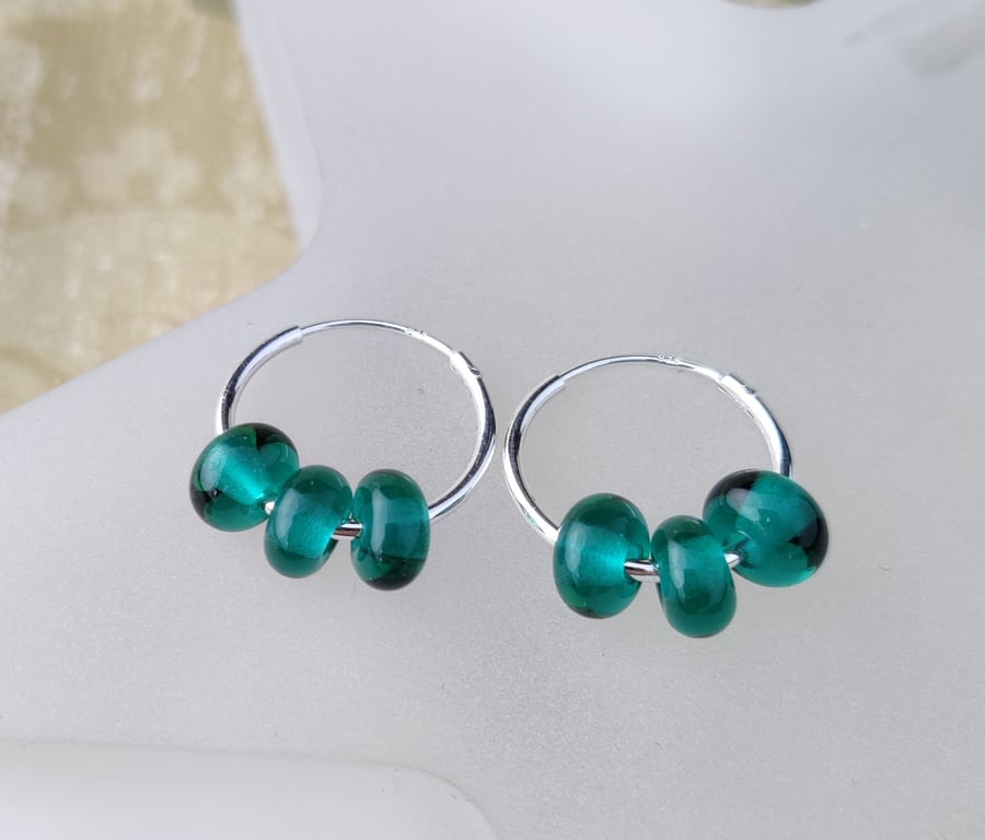 Sterling Silver Creole Hoops with Teal Lampwork Beads