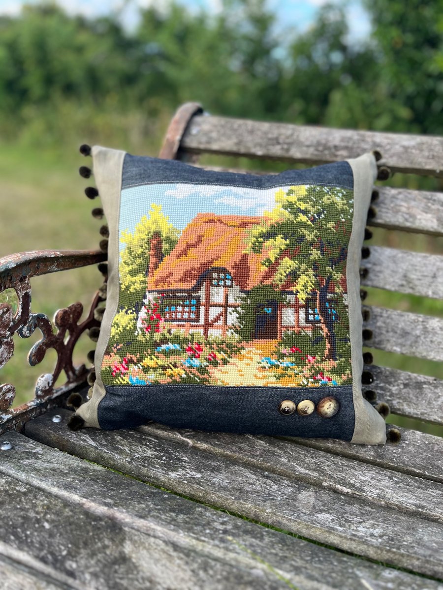Thatched Country Cottage tapestry cushion cover with pompoms