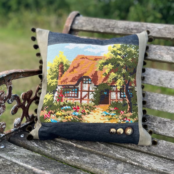 Thatched Country Cottage tapestry cushion cover with pompoms