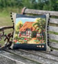 Thatched Country Cottage tapestry cushion cover with pompoms
