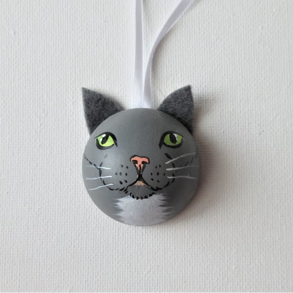 Grey Cat Hanging Decoration or Christmas Tree Bauble