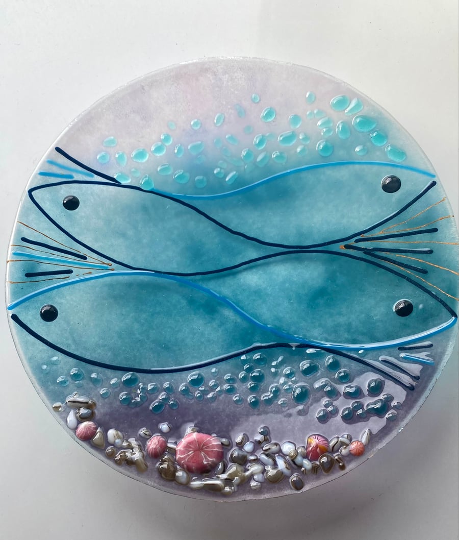Handmade fused glass shallow bowl