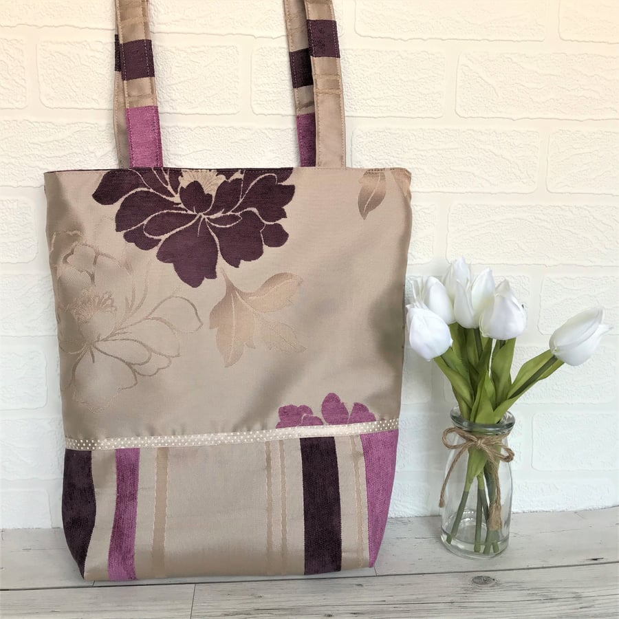 Tote bag with gold, plum and pink flowers and stripes
