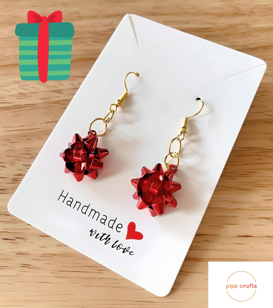 Fun Red Metallic Christmas Gift Bow Earrings, Jewellery for Pierced Ears
