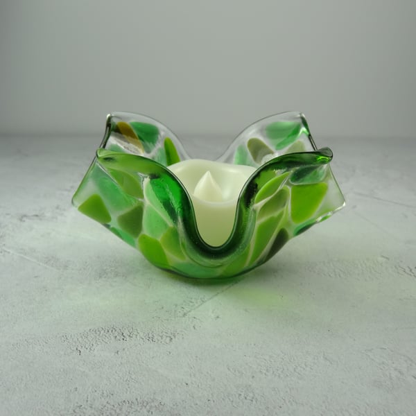 Green mosaic fused glass tealight holder LED flickering flame battery candle