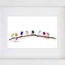 Rainbow Birds on Branch - Sea Glass & Driftwood Picture - Framed Unique Handmade