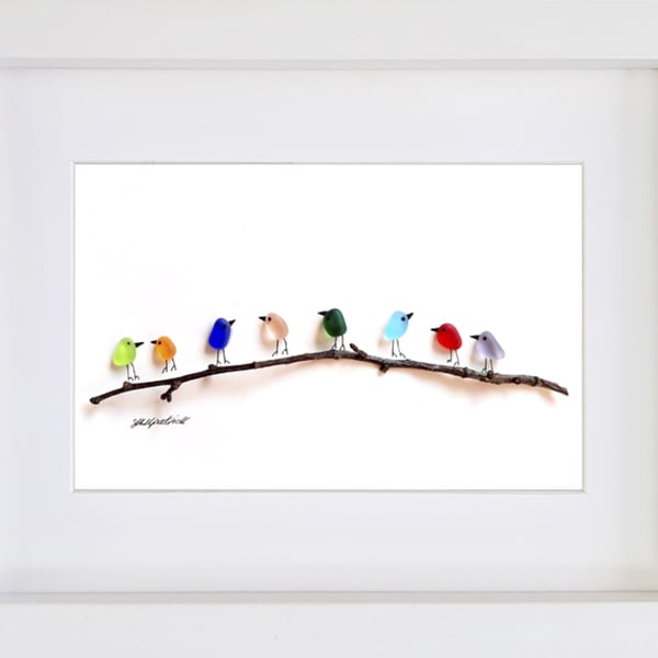 Rainbow Birds on Branch - Sea Glass & Driftwood Picture - Framed Unique Handmade