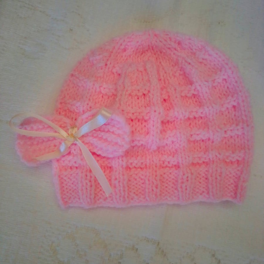 Baby's Hand Knitted Hat with Bow Decoration, Gi... - Folksy