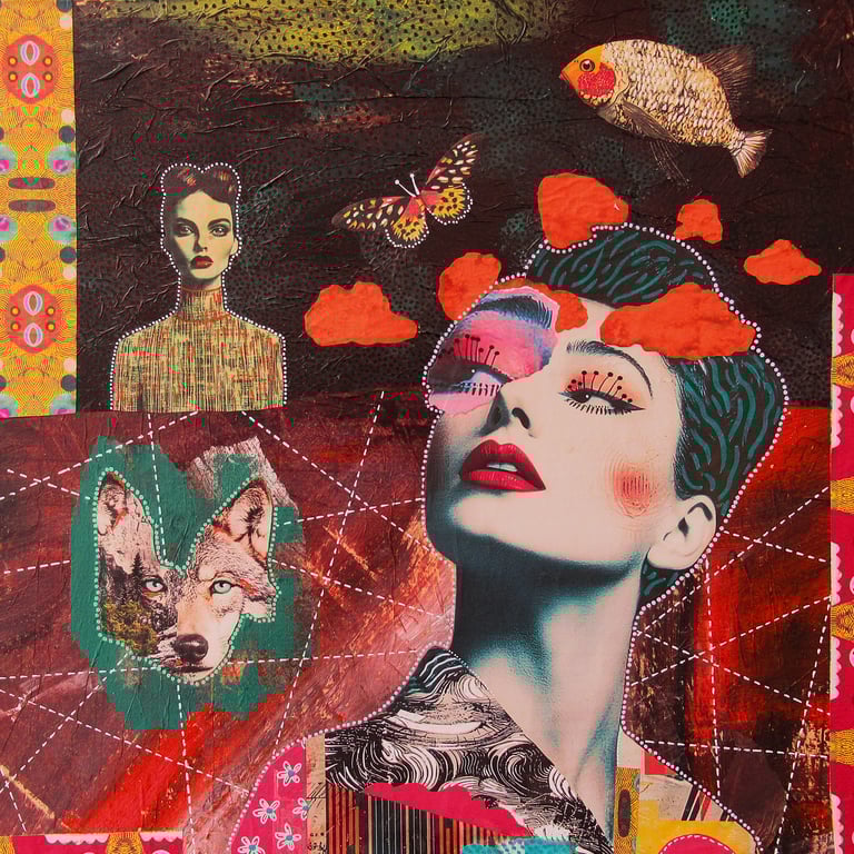 Abstract Female Portrait Fish Wolf & Butterfly Surreal Dreamlike Landscape Art