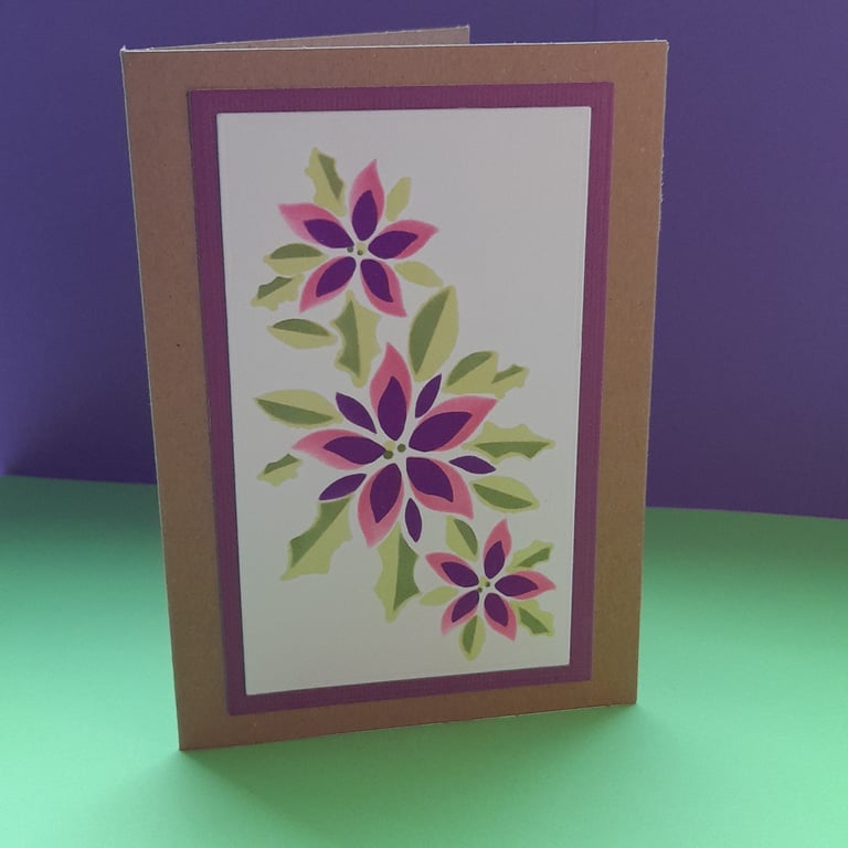 Poinsettia & Holly Christmas Card - Bright Purple & Lime - Handmade