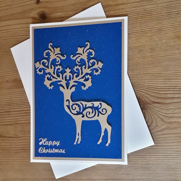 Intricate Die Cut Stag Christmas Card – Blue