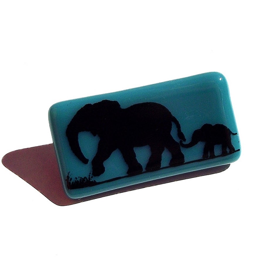 Elephant with Calf Brooch in Fused Glass with Screen Printed Kiln Fired Enamel