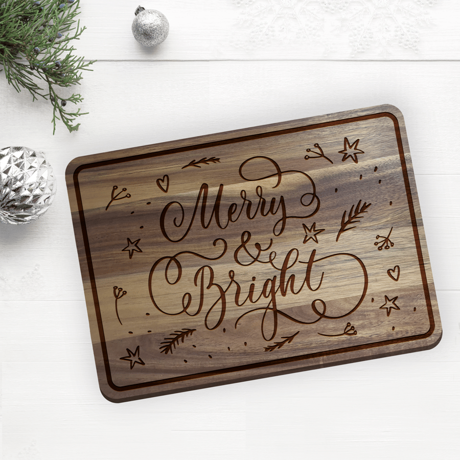 Merry & Bright - Personalised Christmas Chopping Board, Festive Home Decor Gift