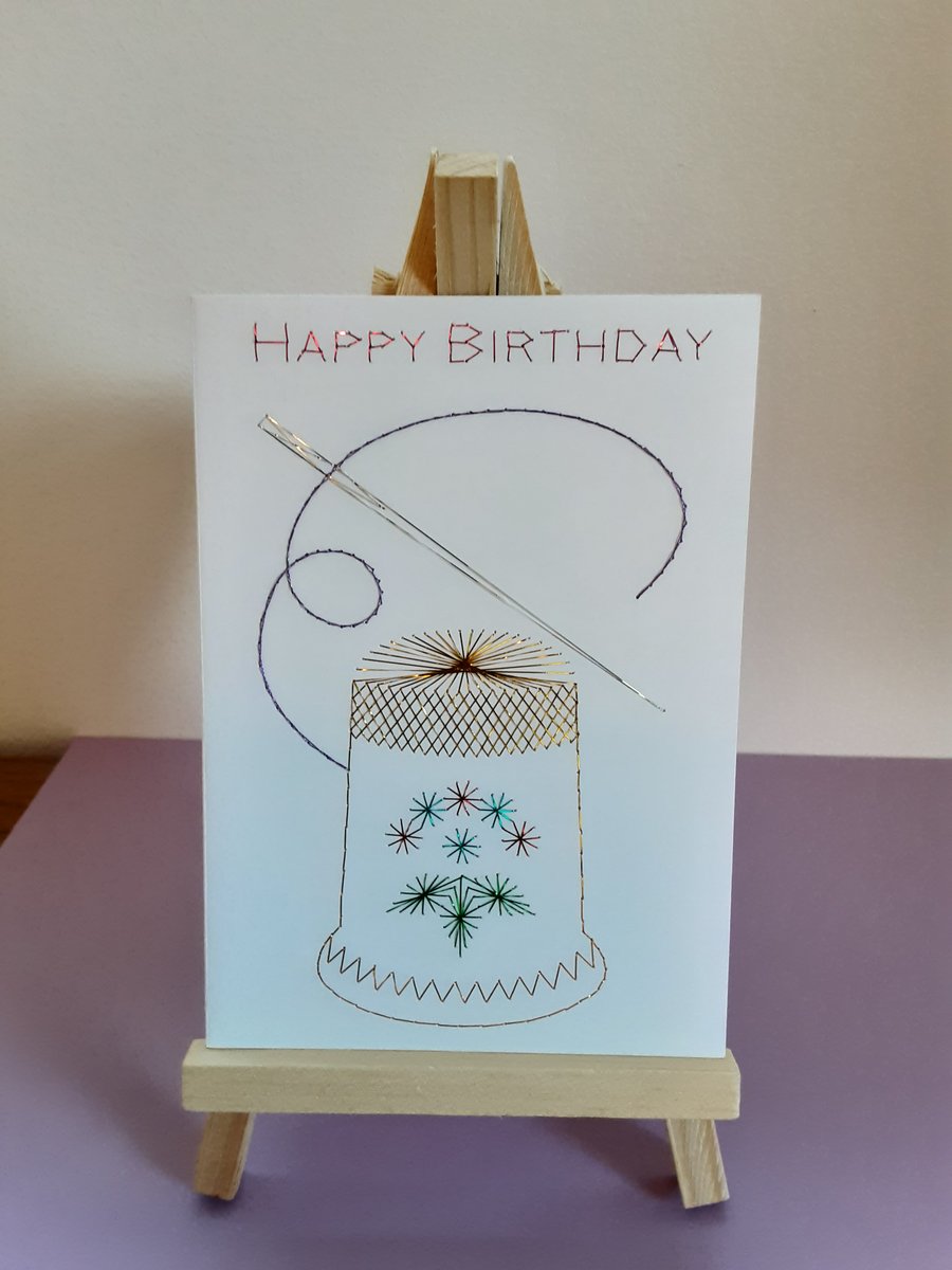 Thimble and Needle Sewing. Hand Embroidered  Birthday Card.